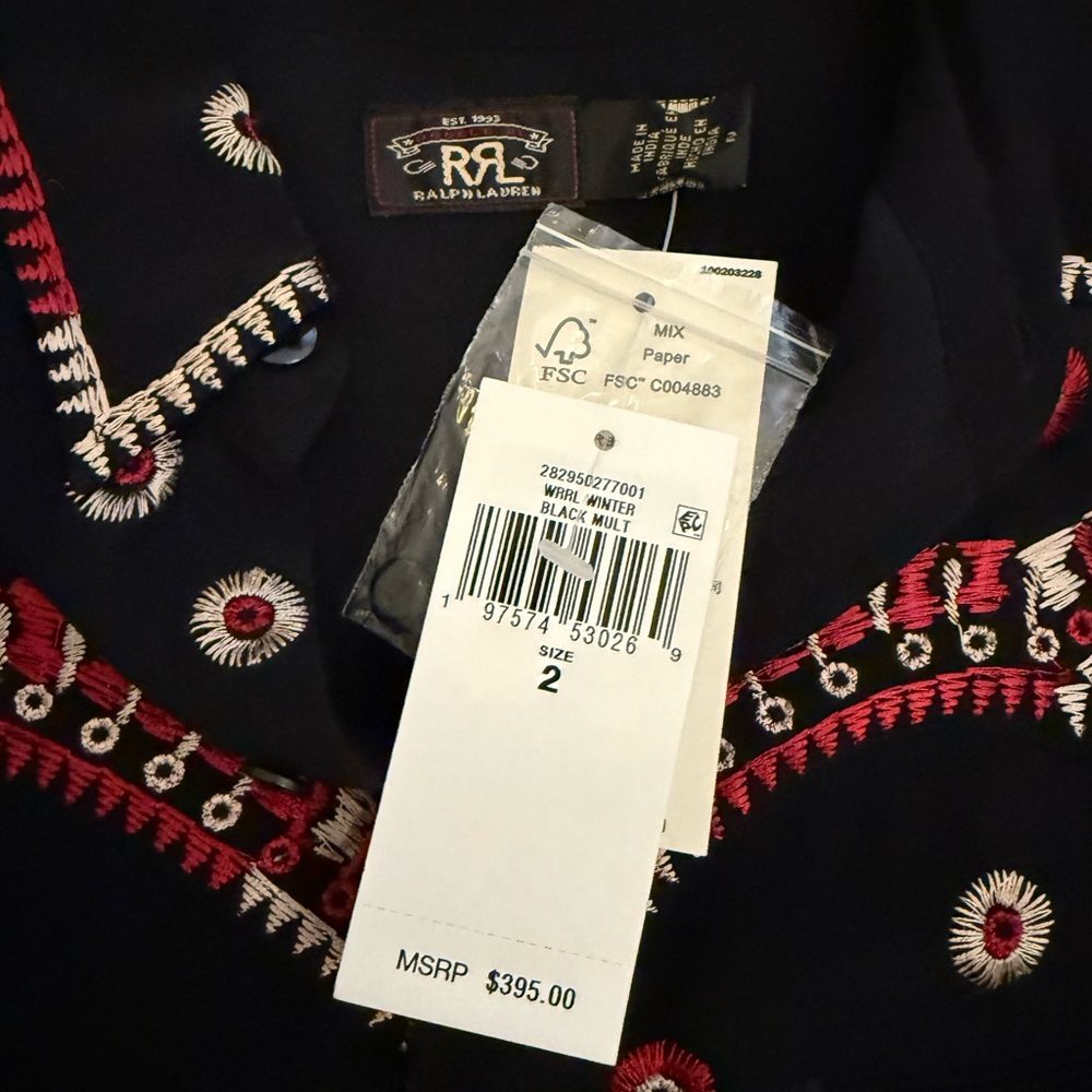 RRL Ralph Lauren Western Embroidered Georgette Blouse Black Red 2 - Picture 9 of 12